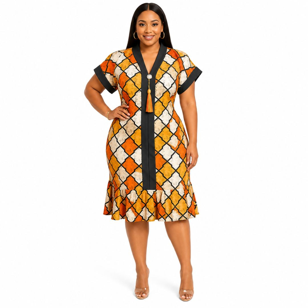 Womens Short Sleeve Printed Tunic Dress with Tassel Detail